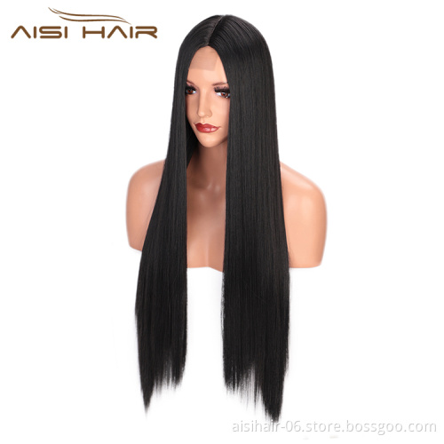Aisi Hair Long Silky Straight Middle Part Black Cosplay Party Wig Lace Front Synthetic Fiber Hair Wigs For White Black Women